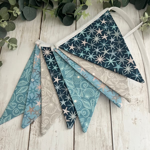 Handmade Fabric Bunting 8 Flags in Coastal Shells & Starfish Design