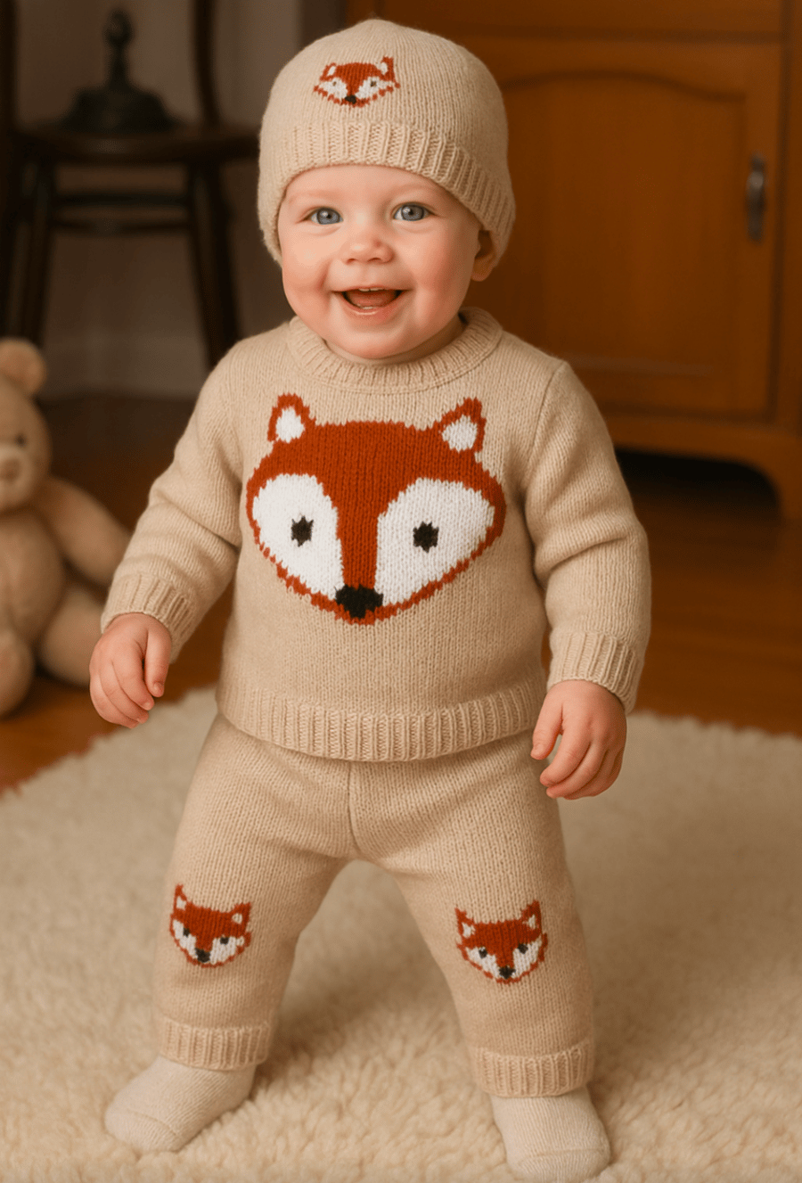 Fox Knitting Pattern for Baby sweater trousers and hat outfit (Digital)