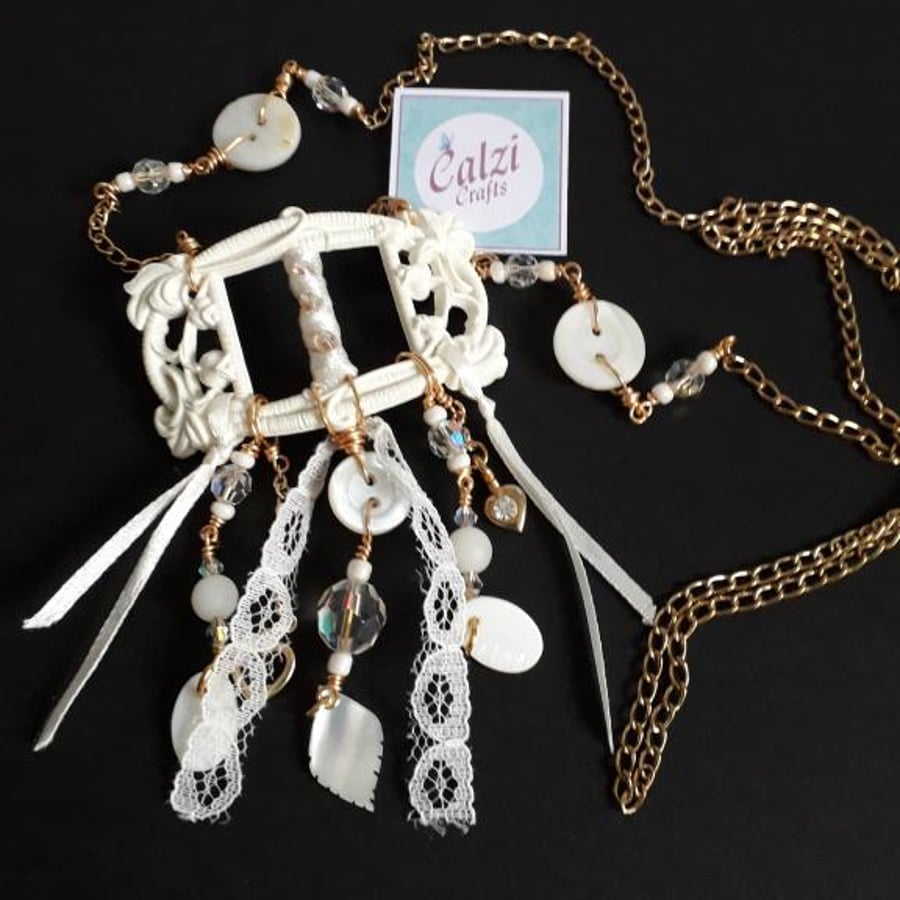 Upcycled Ivory Coloured Vintage Buckle Boho Bridal Necklace 