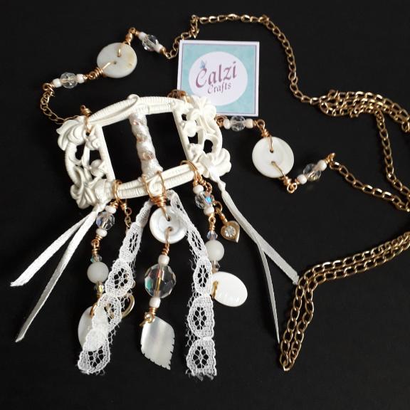 Upcycled Ivory Coloured Vintage Buckle Boho Bridal Necklace 