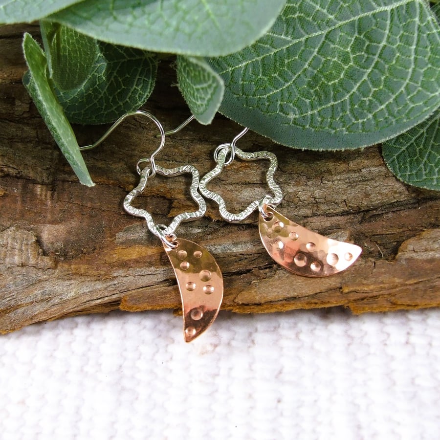 Earrings, Sterling Silver Star and Copper Moon Dropper Earrings