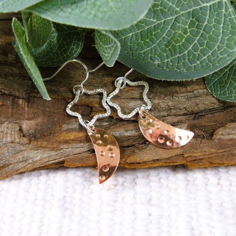 Earrings, Sterling Silver Star and Copper Moon Dropper Earrings