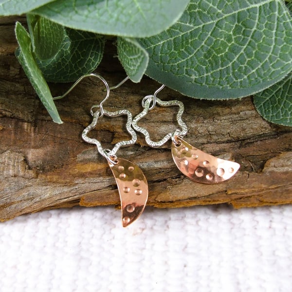 Earrings, Sterling Silver Star and Copper Moon Dropper Earrings