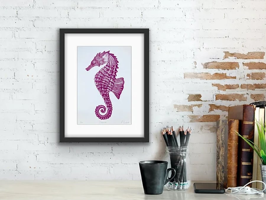 Pink Seahorse - Original Linocut Print