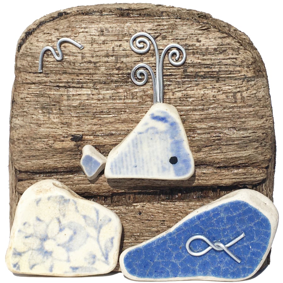 Handmade Whale on Driftwood. Beach Pottery & Pebble Art Seaside Wooden Ornament