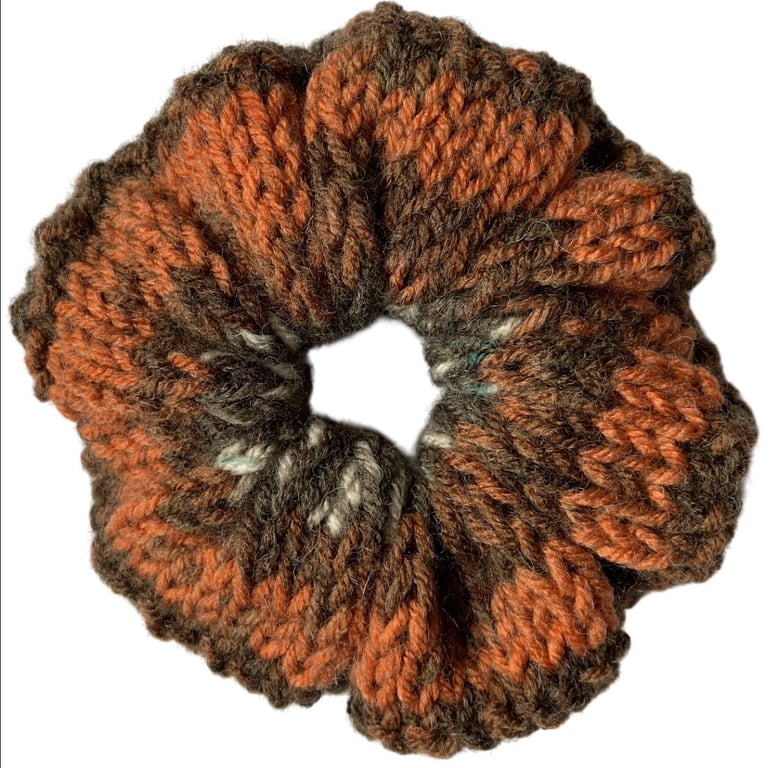 Hand Knitted Hair Scrunchie Bobble Bun Topper Handmade Accessories Rusty Brown