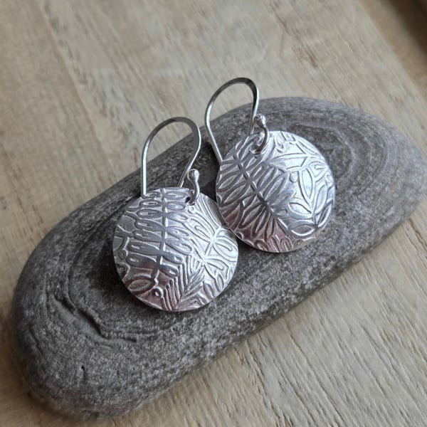 Sterling silver disc earrings, Leaf texture pattern