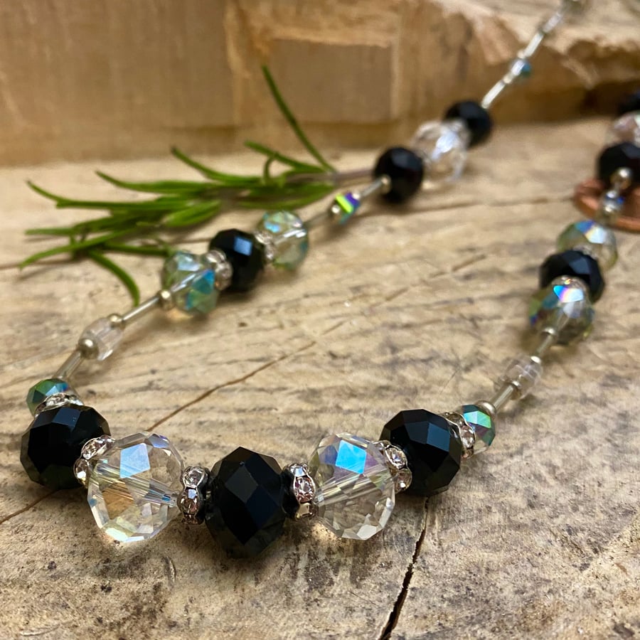 OUT OF STOCK Crystal and silver Necklace, black white clear. 16"  Special Price