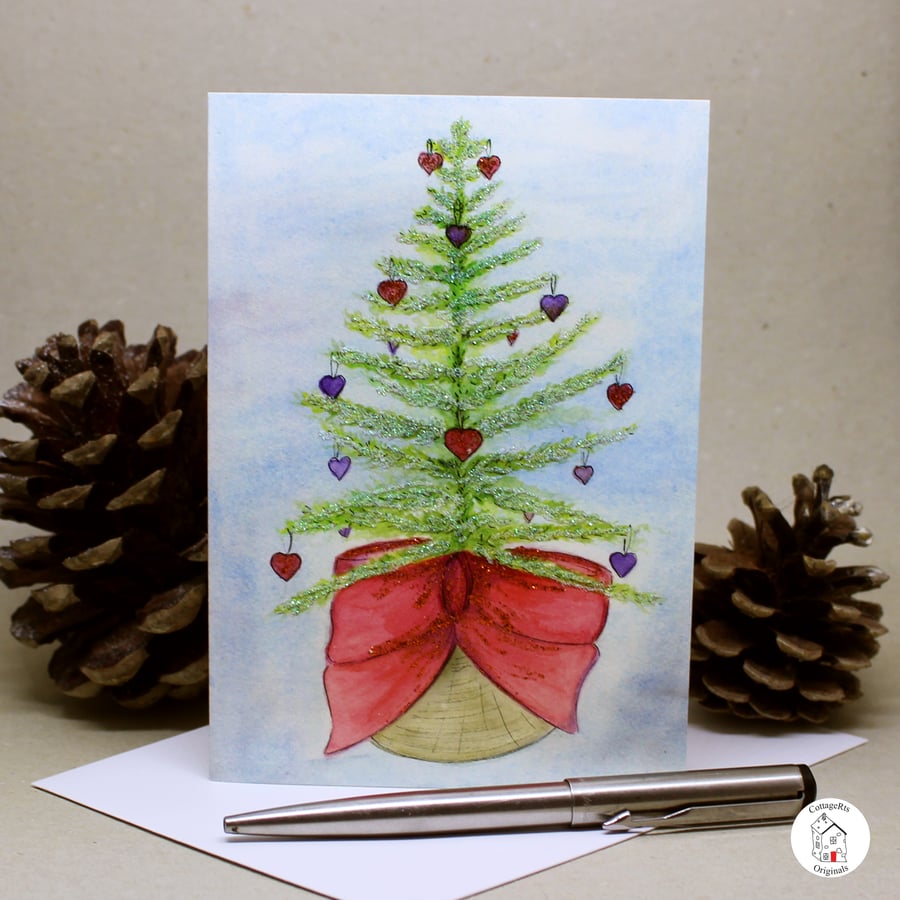 Watercolour Christmas Card Christmas Tree Hand Designed By CottageRts
