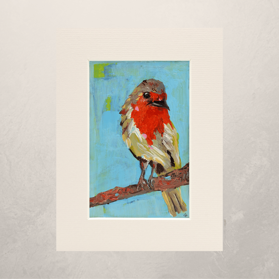A Mounted Acrylic Painting of a Robin. 8 x 6 inches.