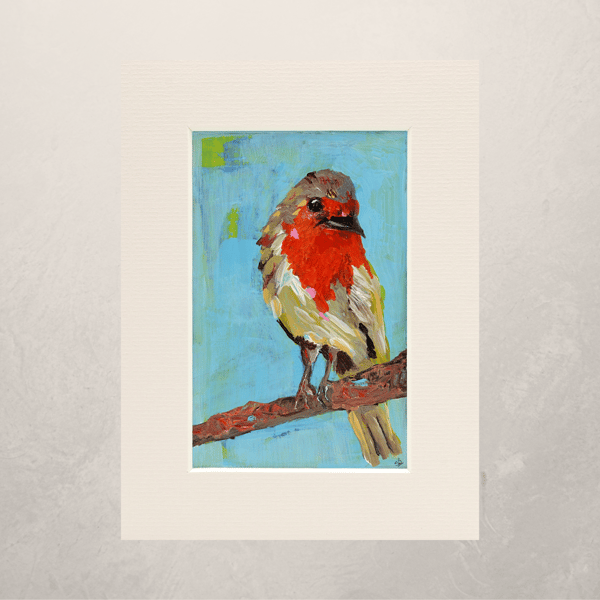 A Mounted Acrylic Painting of a Robin. 8 x 6 inches.