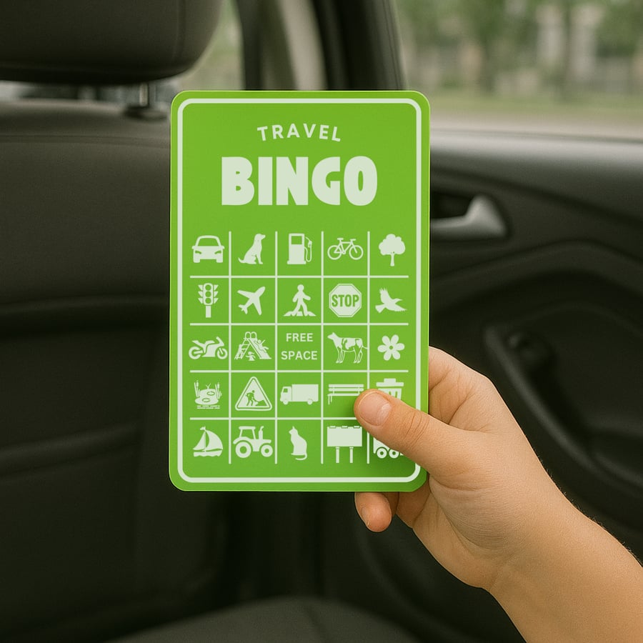Travel Bingo Game for Kids & Adults – Family Road Trip Car Game with Erase Pen