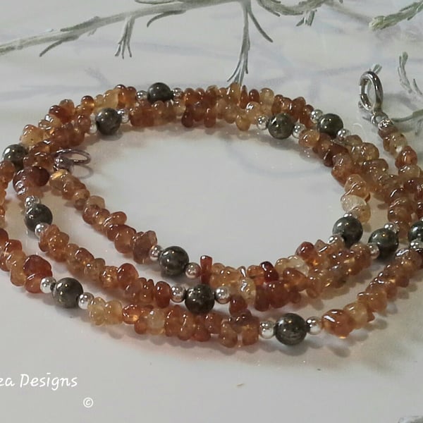 Dainty Rare Hessanite Garnet & Pyrite Sterling Silver Necklace