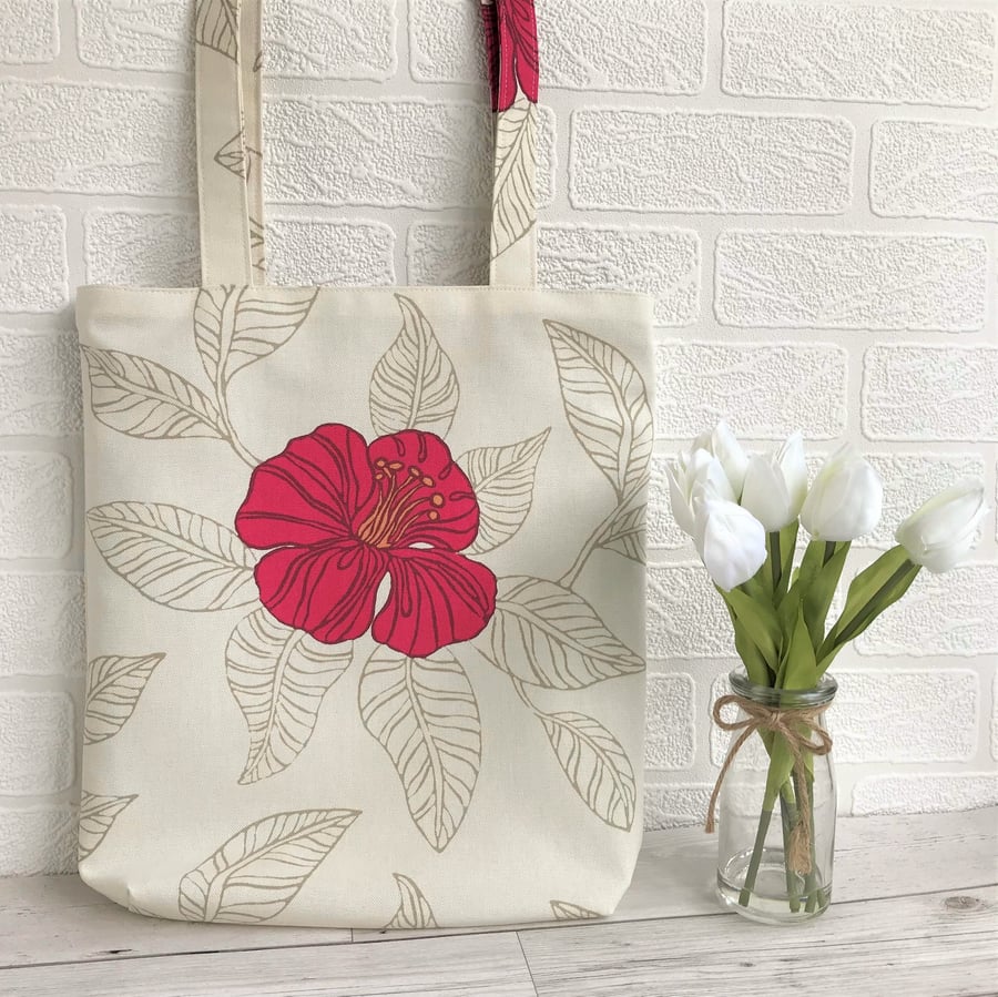 Cream tote bag with magenta Hibiscus flower print pattern