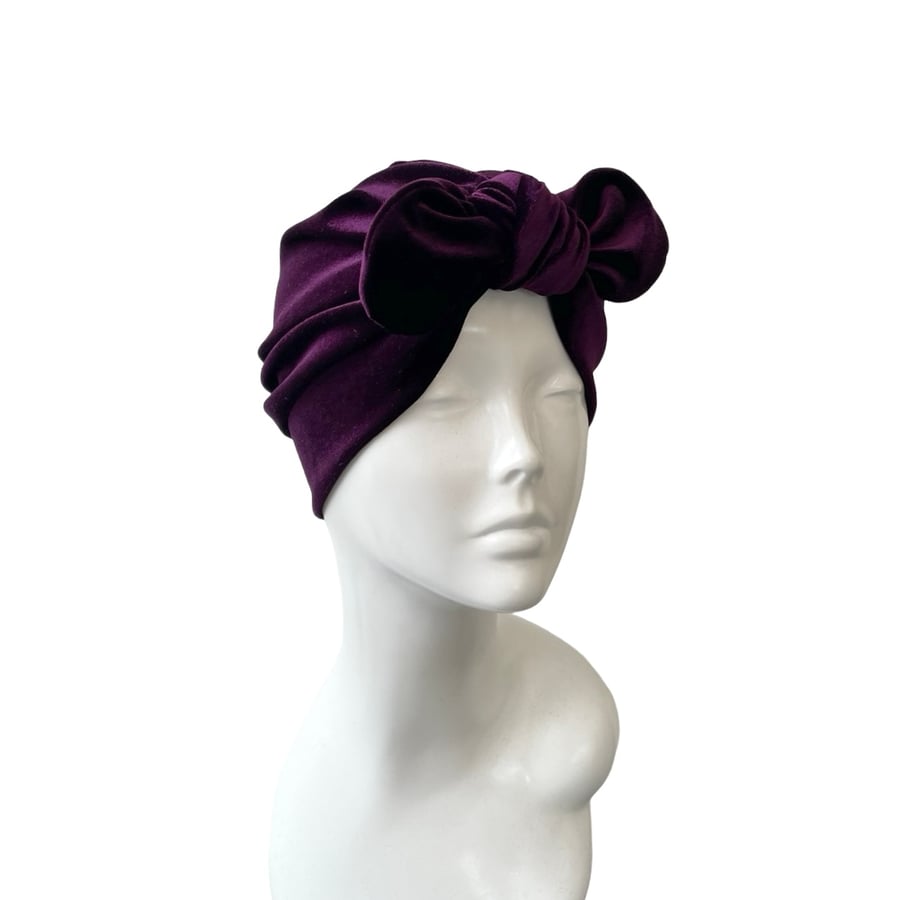 Purple Velvet Turban Hat with Bow Luxury Head Wrap Handmade Super Soft Velvet 