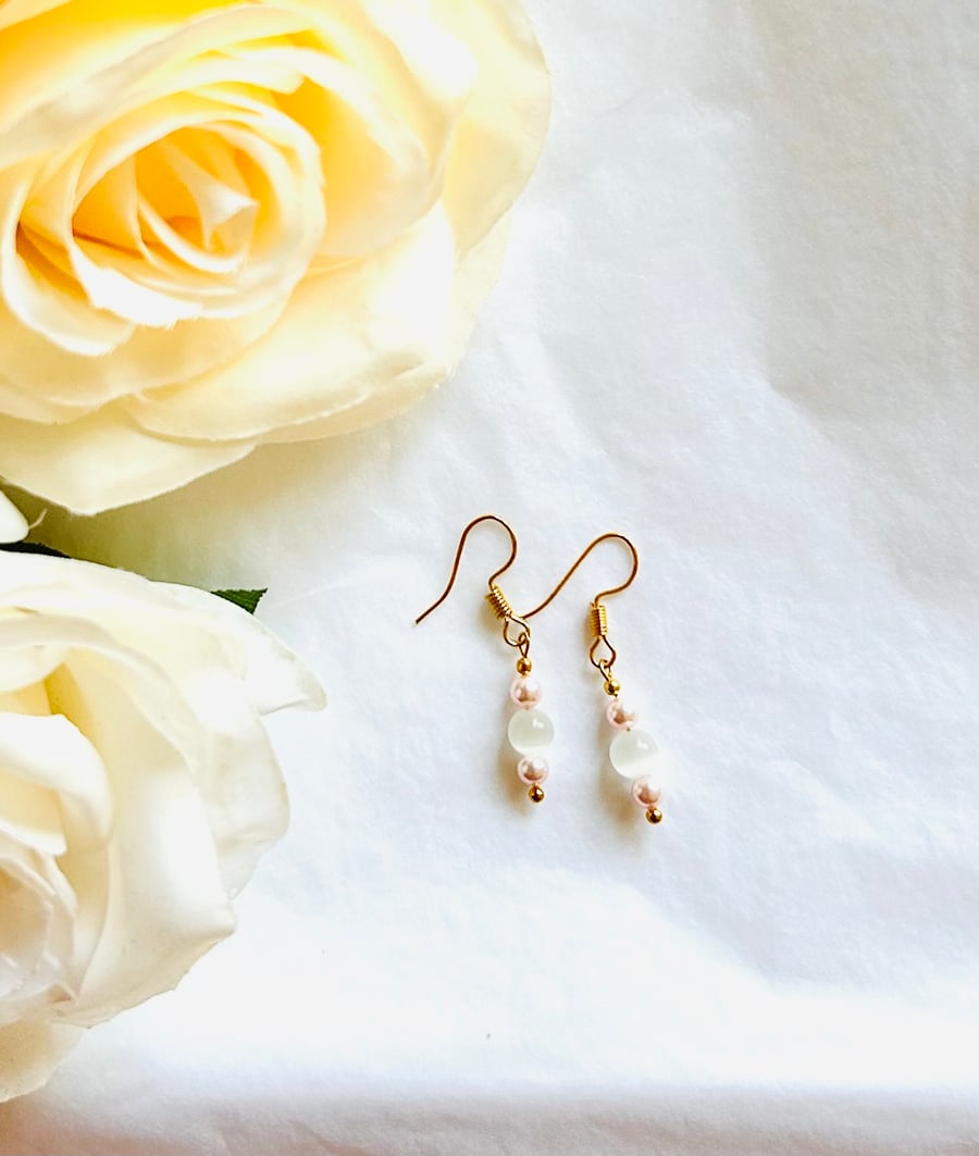 White Opal & Swarovski pearls earrings on gold plated hook - October birthstone