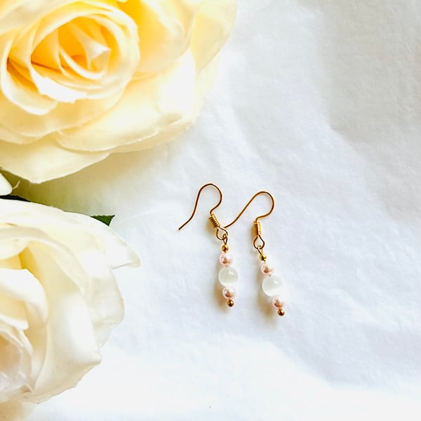 White Opal & Swarovski pearls earrings on gold plated hook - October birthstone