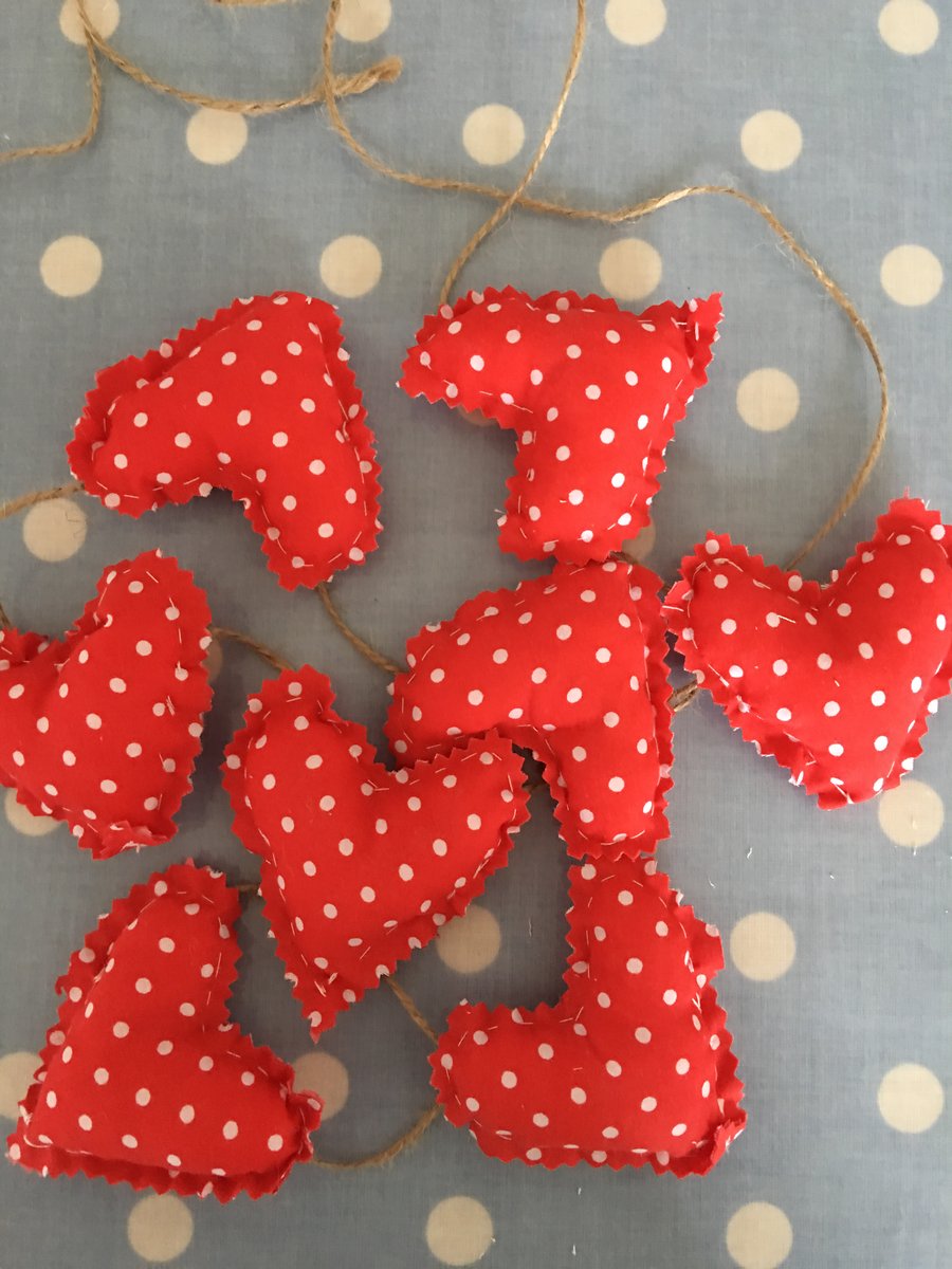 Red polka dot fabricmini heart garland, bunting and twine