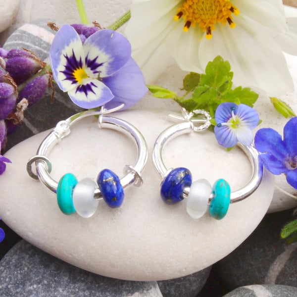 Lapis Earrings, Crystal, Turquoise Hoop Earrings, Handmade, Silver, Pebble, No.2