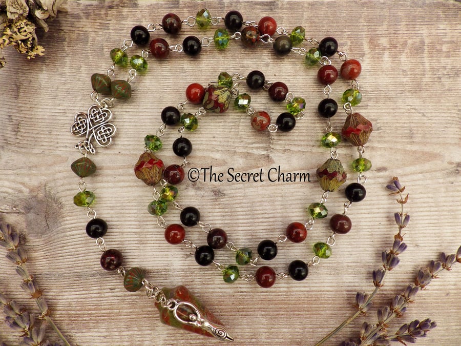 Celtic Goddess Gemstone Necklace, Obsidian & Jasper Rosary, Handmade Jewellery