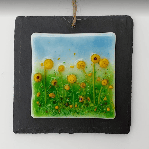 Fused glass 'Meadows' mini picture mounted on slate - sunflowers 2