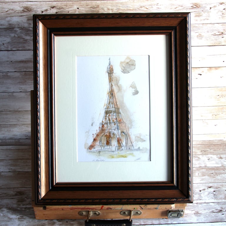 The Eiffel Tower Paris, Original pencil and watercolour, framed