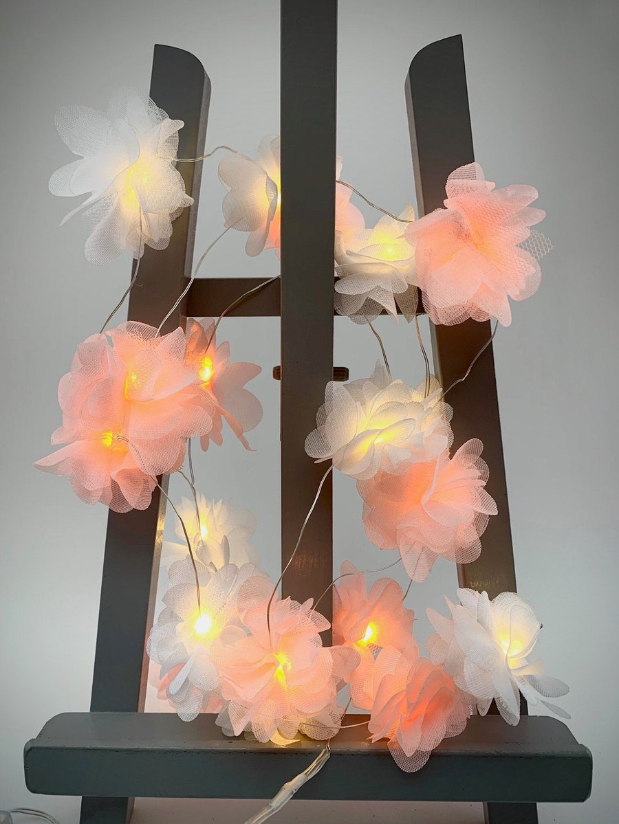 20 chiffon flower Fairy Lights in peach and white.