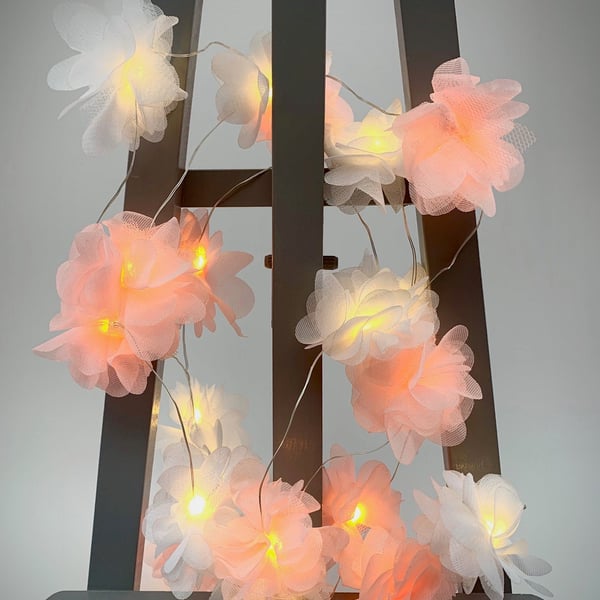 20 chiffon flower Fairy Lights in peach and white.