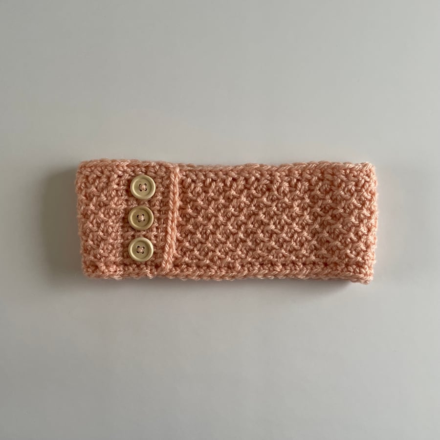 Peach Ear Warmer with button detail, Messy Bun headband, perfectly imperfect