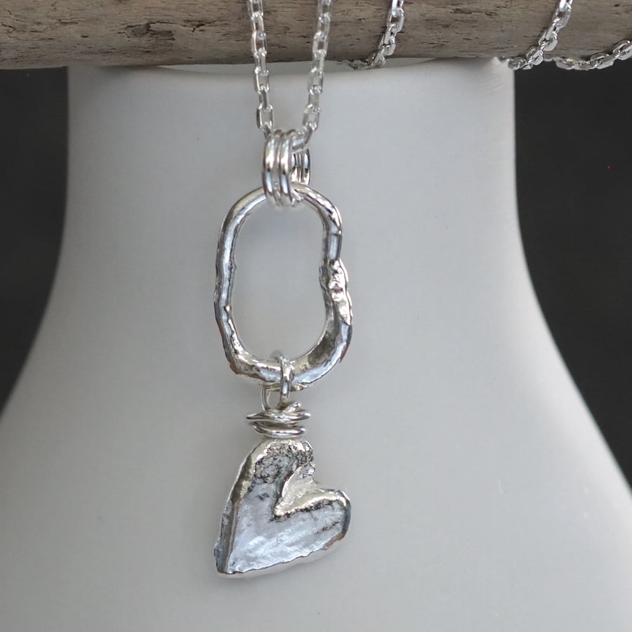 Silver heart drop necklace, molten sterling silver pendant necklace
