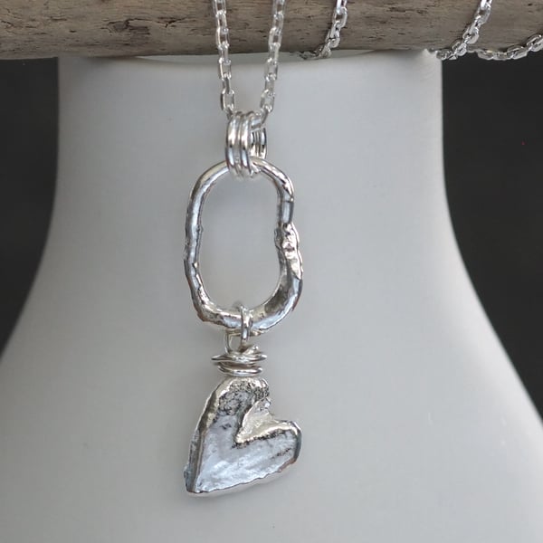 Silver heart drop necklace, molten sterling silver pendant necklace
