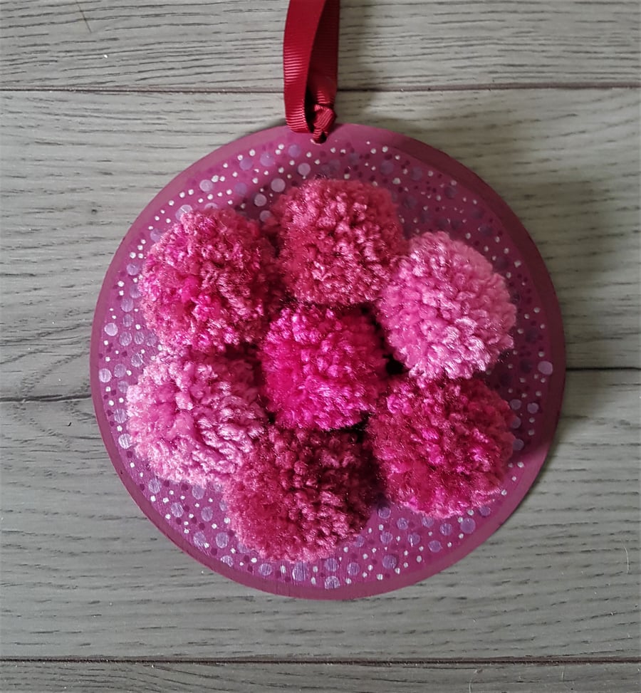 Pom Pom Pink Flower on wooden plaque 16cms dia