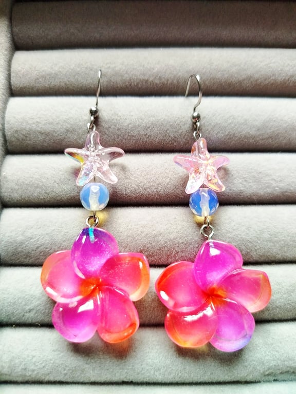Hawaii hibiscus dangle earrings, midnight sun inspired 