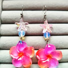 Hawaii hibiscus dangle earrings, midnight sun inspired 