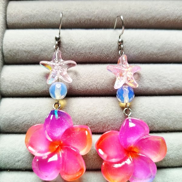 Hawaii hibiscus dangle earrings, midnight sun inspired 