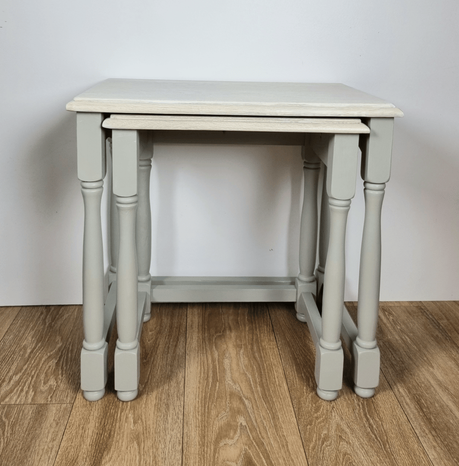 Pale grey nest of two tables with a whitewashed solid oak top