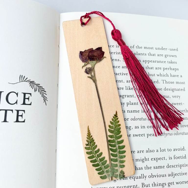 Pressed Flower Wooden Bookmark, Geum and Ferns