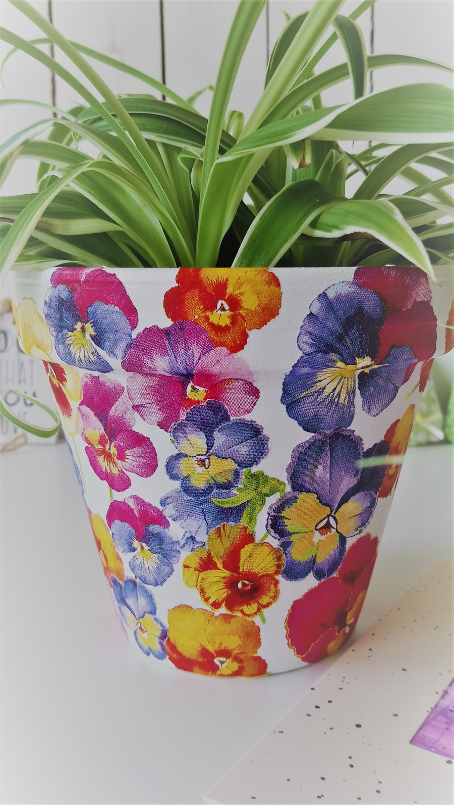 MADE TO ORDER - Decoupaged Pansy Design Indoor Terracotta Pot