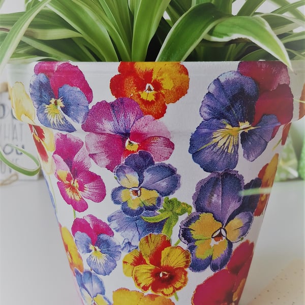 MADE TO ORDER - Decoupaged Pansy Design Indoor Terracotta Pot