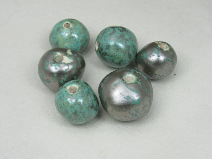 6 Medium Verdigris Glazed Clay Beads
