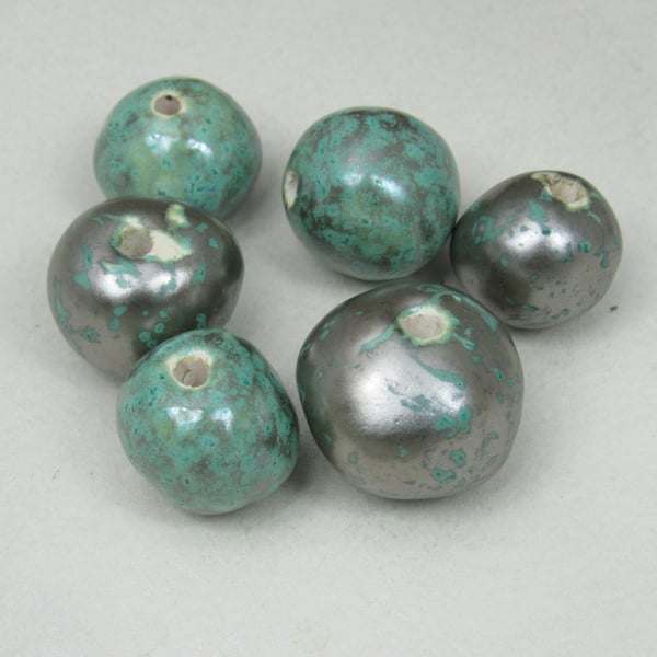 6 Medium Verdigris Glazed Clay Beads