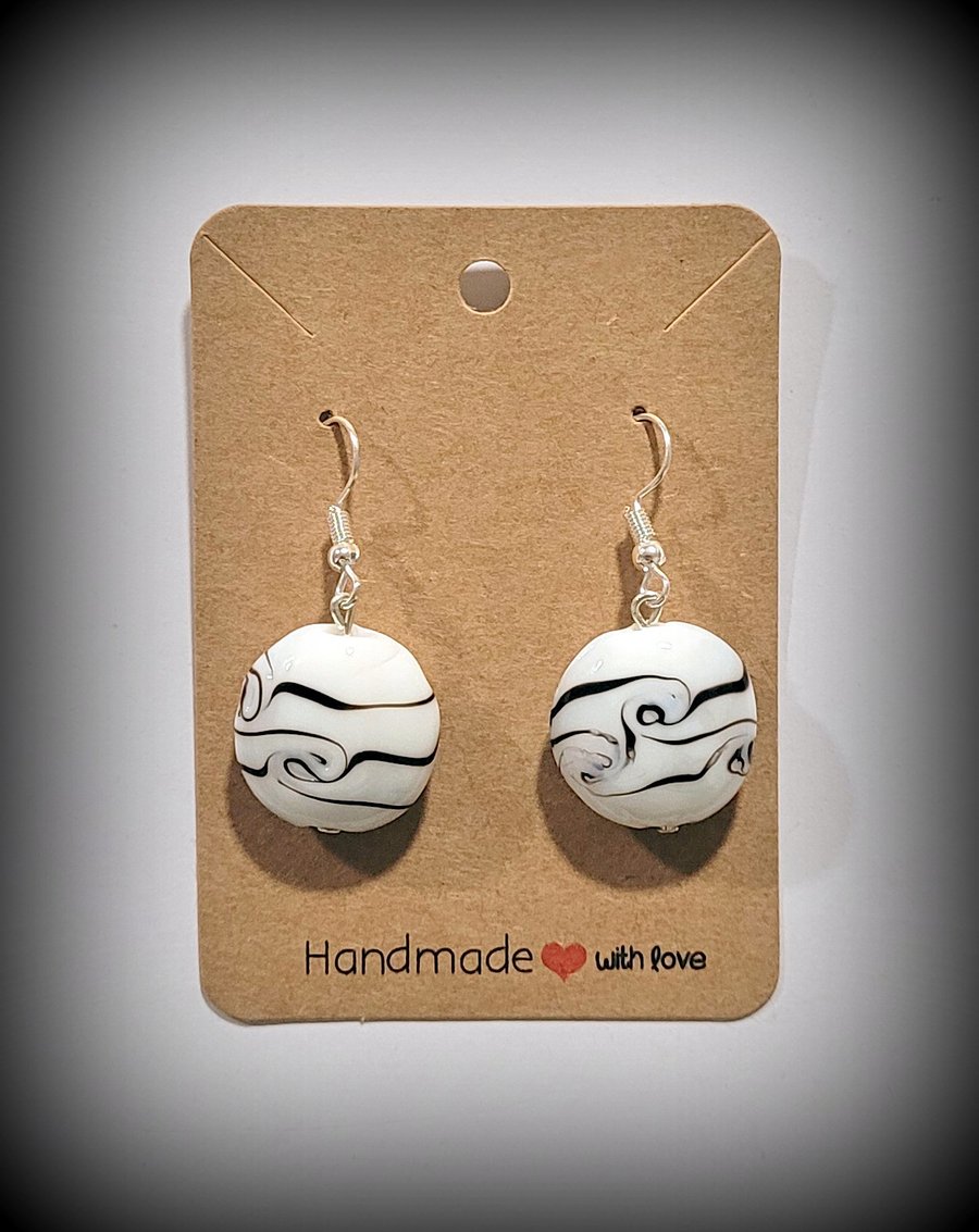 White & Black Glass Circle Charm Dangle Earrings on Silver Plated Earring Hooks