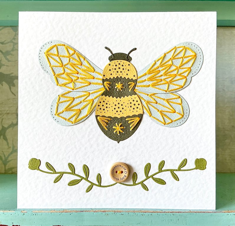 Hand Sewn Card. Bumble Bee Card. Bee Card. Stitched Card. Embroidered Card. 