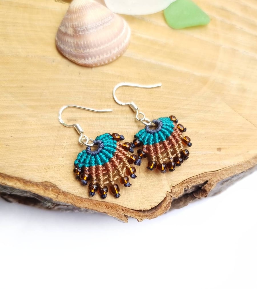 Macrame Shell Earrings - Dainty Micro Macrame sterling silver Earrings 