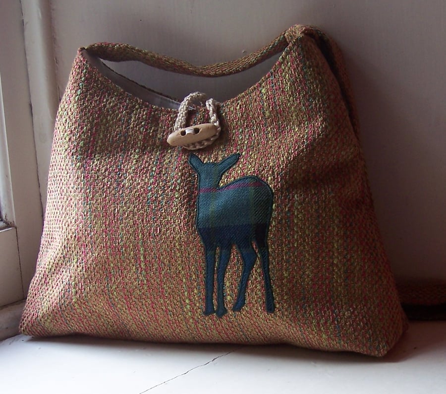Fabric shoulder bag with watchful deer applique in tartan 