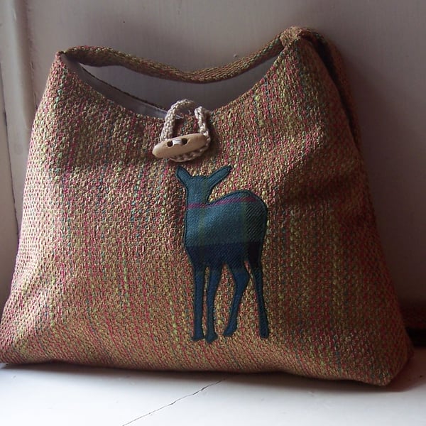 Fabric shoulder bag with watchful deer applique in tartan 