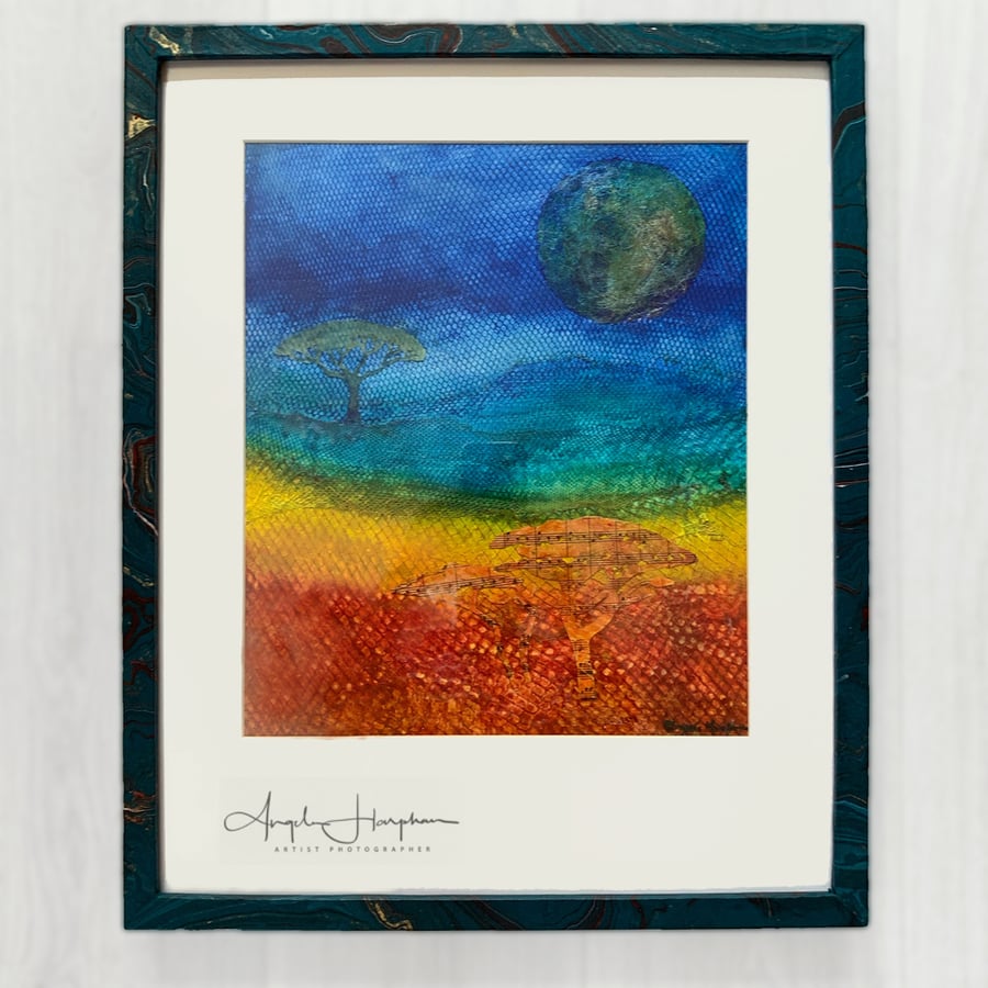 Acrylic Mixed Media Painting Framed - Two Tree Moon - repurposed materials