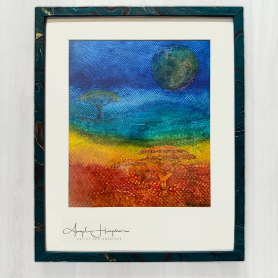 Framed Acrylic Painting with Mixed Media - Two Tree Moon