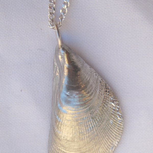 Textured mussel shell pewter pendant necklace with sterling silver chain