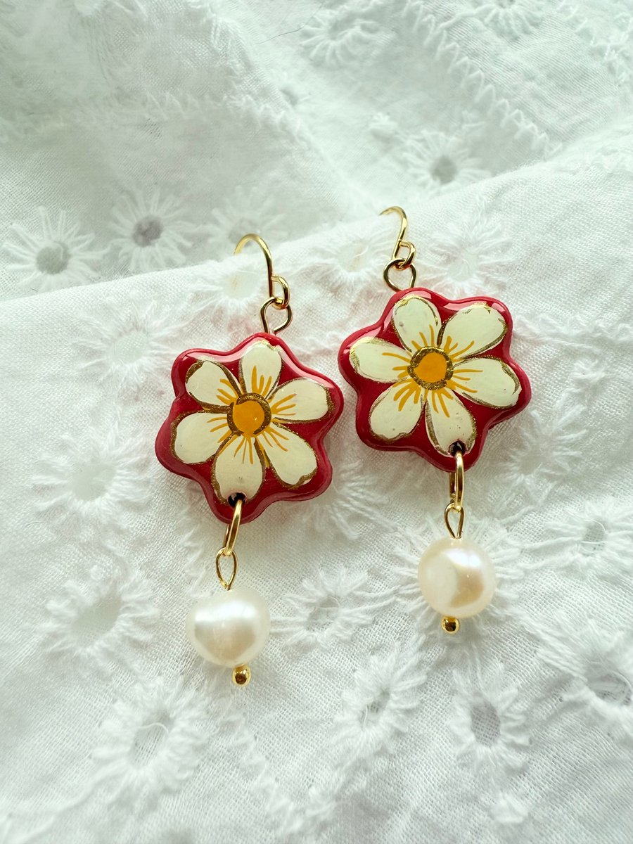 Cream And Red Flower Pearl Drop Earrings - FREE SHIPPING